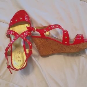 Fire engine red open toe Guess cork sandals
